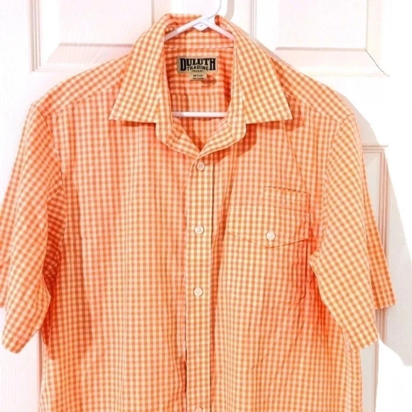 Duluth Trading‎ Company Orange White Gingham Print Short Sleeve Shirt-M Tall - Picture 1 of 4